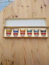 Vintage set of 6 French shot glasses,1950s-1970s) made in France, original box, rare geo pattern in Lakenheath, UK