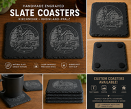Handmade engraved slate coasters – Kirchmohr design or custom text/photo in Ramstein, Germany