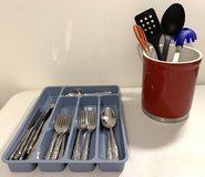 $15 per Set - Flatware Stainless Silverware Set & tray -OR- Utensils w/ lg Ceramic Canister in Westmont, Illinois