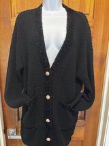 Long Black Cardigan with Tinsel Trim & Gold Buttons-Medium in Batavia, Illinois