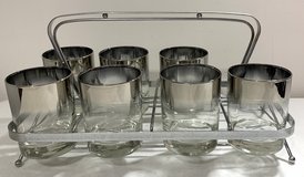 Vintage MCM Queen’s Lusterware Barware Set - 7 Silver Ombre Lowball Glasses & Caddy in Joliet, Illinois