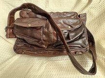 Vintage Brown Leather Shoulder Bag Japanese Kimono Pattern Lining Messenger Retro in Okinawa, Japan