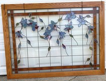 Wall Art Huge 5'W x 44"H Vintage Stained Glass Trailing Flowers w/ Oak Frame - Beauty! in Naperville, Illinois