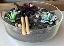 Glass Bowl Terrarium - faux succulents & garden tools -  Zen Desert tabletop Decor in Westmont, Illinois