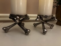 2 Pottery Barn Silver Metal Skeletal Cross Bones Candle Holders in Bolingbrook, Illinois