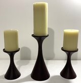 $10 for All - Like New! 3 brown metal ribbed Candle Holders & 3 Pillar Candles Set in Naperville, Illinois