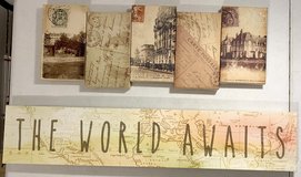 Like New! 2pc Canvas Wall Art Set - The World Awaits & Postcard Collage - Travel Themed Decor in Joliet, Illinois