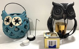 Like New! Owl Ceramic Lantern -AND- Metal Candle Holder w/ new Candles in Westmont, Illinois