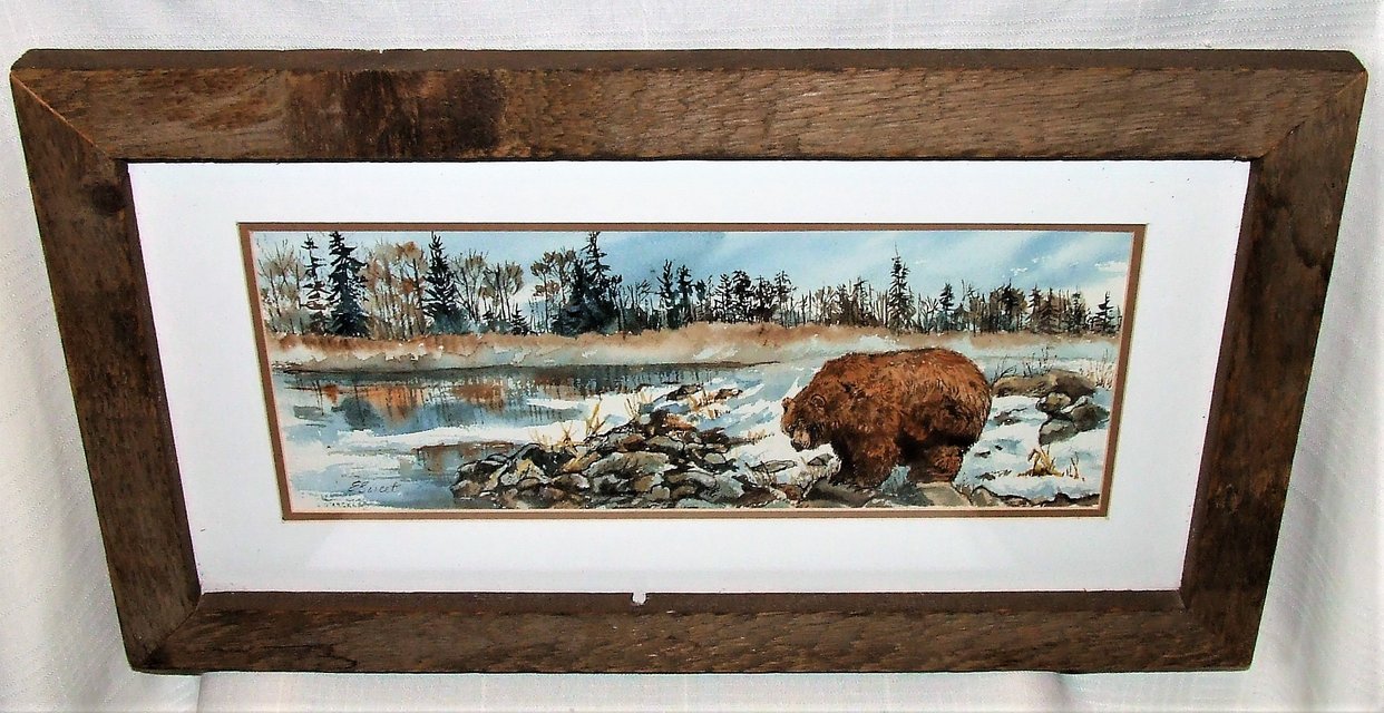 Original Watercolor Grizzly Bear Landscape Painting / Barn Wood Frame ~ Signed E Sweet in Aurora