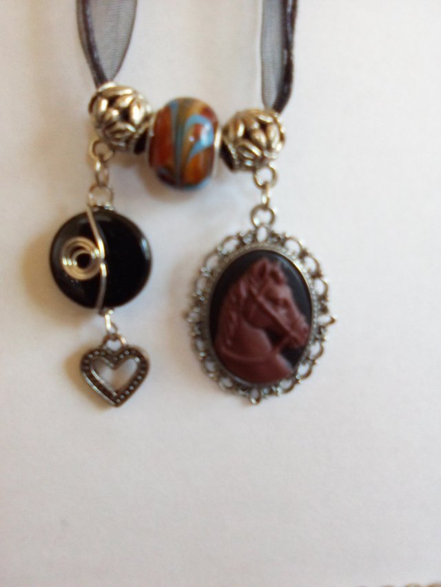 Chocolate Brown Horse Cameo & Beads Charm Statement Ribbon Necklace Handcrafted in 29 Palms